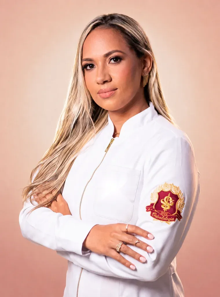 Dra. Amanda Tainara de jaleco branco, de braços cruzados